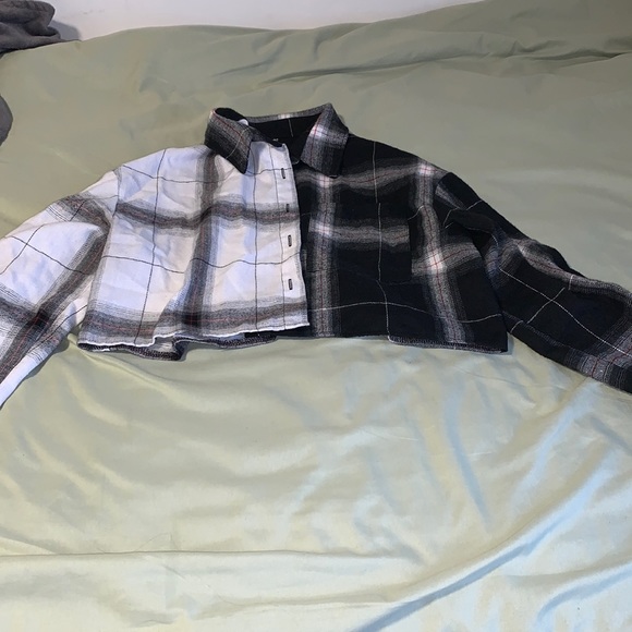 Cropped Black and White Plaid Striped Button Up Sweater - Picture 1 of 1